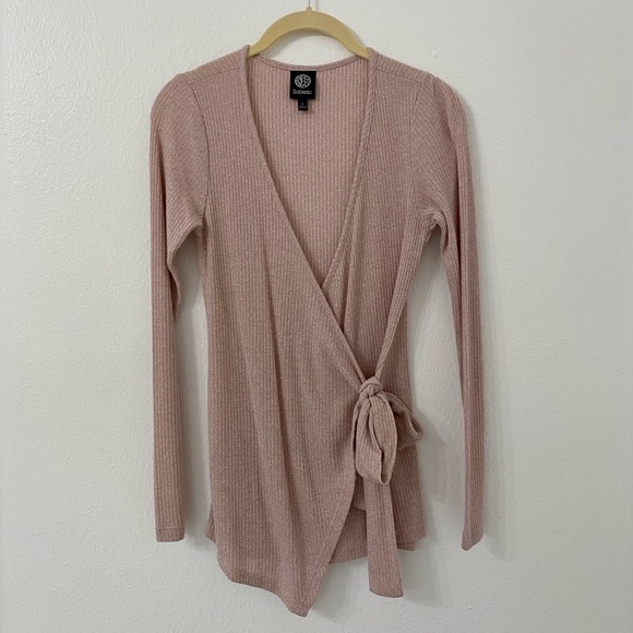Balletcore Wrap Side Tie Long Sleeve Top | Bobeau Dusty Rose Pink Ribbed Sweater - Picture 4 of 16